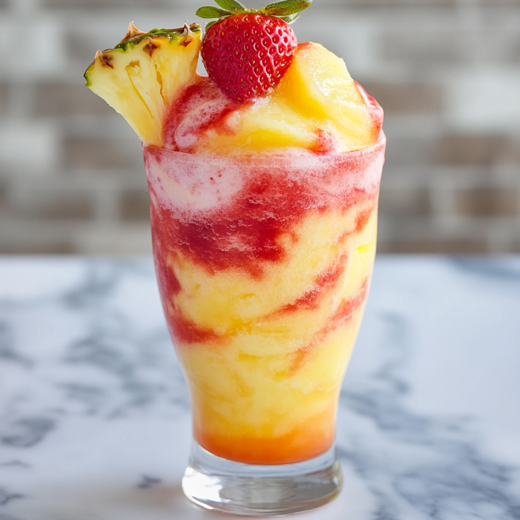 Refreshing drink with pineapple slush and strawberry purée swirls, visually appealing.