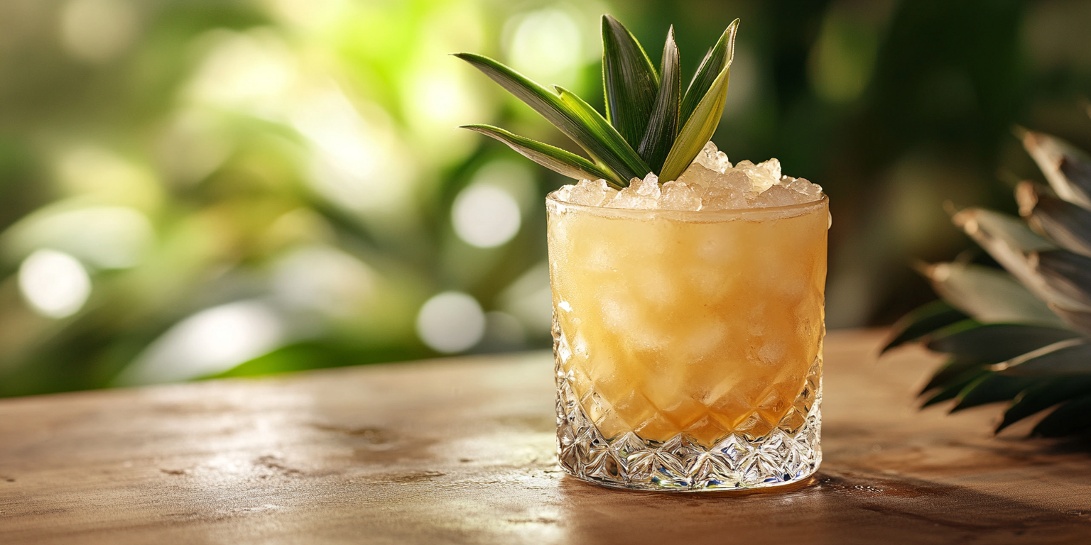 Refreshing mai tai cocktail in lowball glass with pineapple.