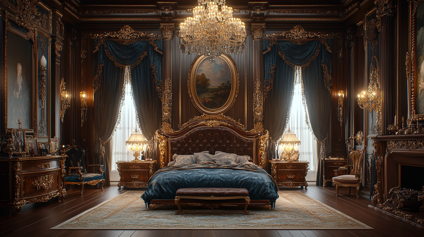 Regal bedroom with velvet bed, damask curtains, antique mirror.