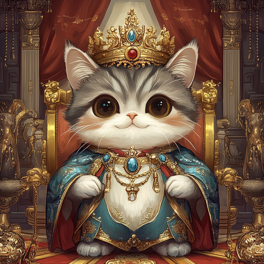 Regal chibi cat depicted as rich king. Luxurious background.