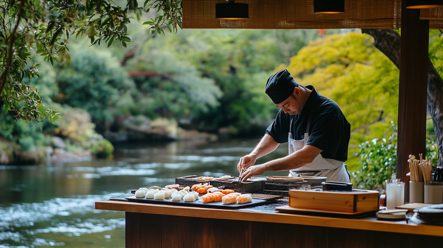 Regional Australian river, Japanese sushi master at traditional bar.