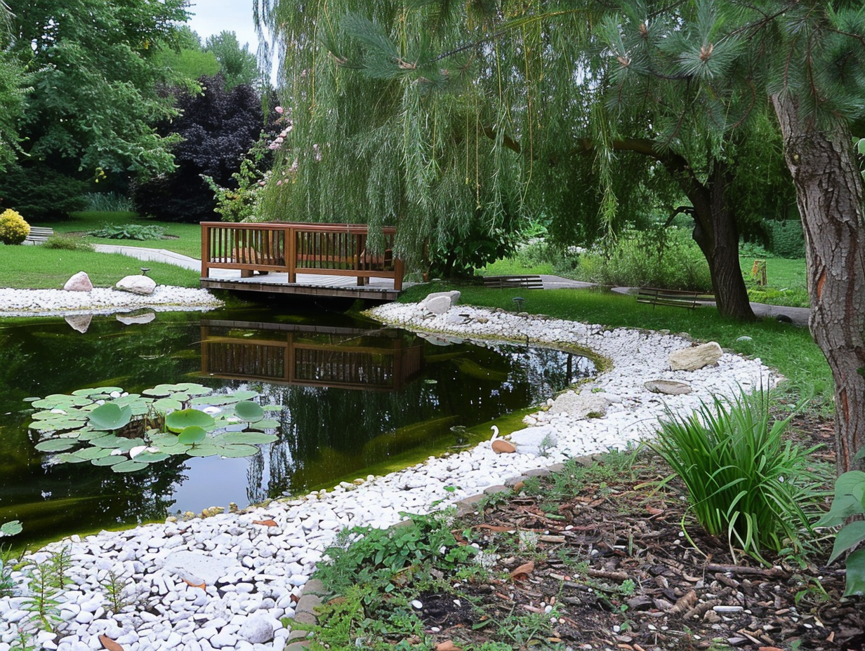 Reinforced pond edge with geogrid and white stones.