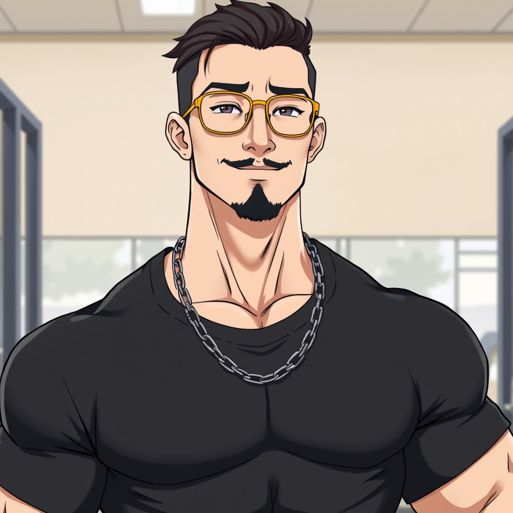 Relaxed Muscular Man in Gym, Anime Style