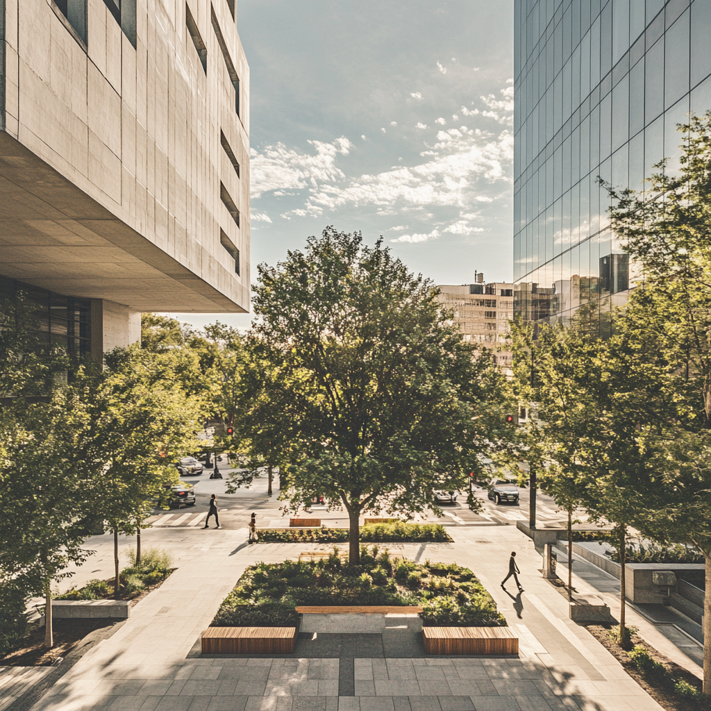 Relaxed city garden with white buildings, sunny skies, traffic.