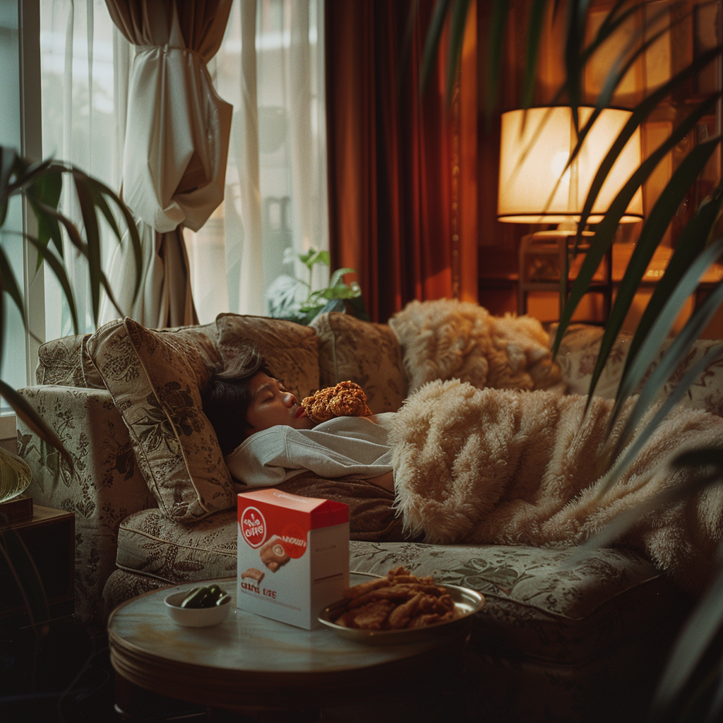 Relaxing with Fried Chicken in Cozy Living Room