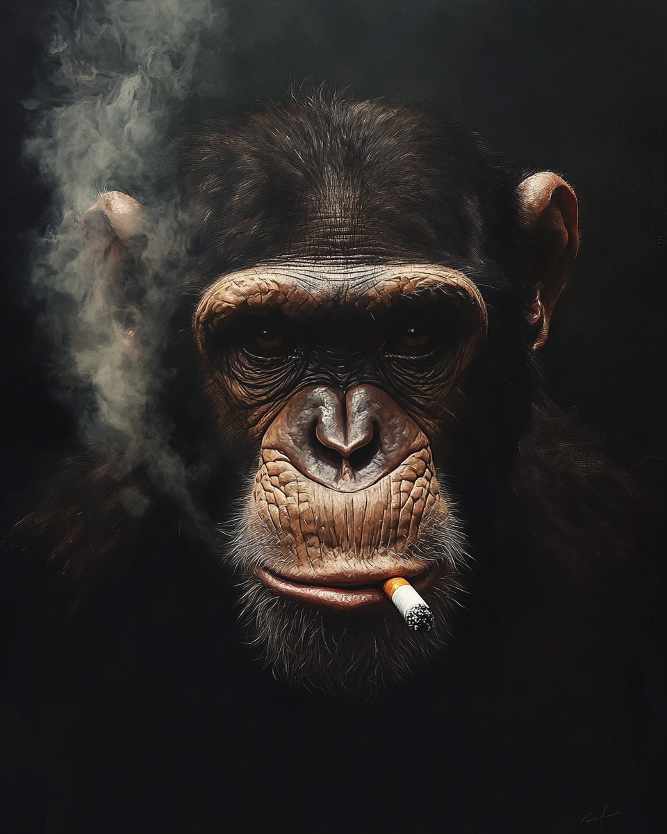 Rembrandt Monkey Portrait Smoking Cigarette with Dramatic Lighting