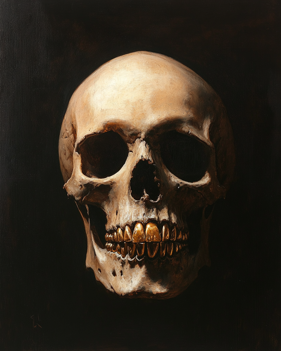 Rembrandt painting realistic portrait of gold-toothed skull, dramatic lighting