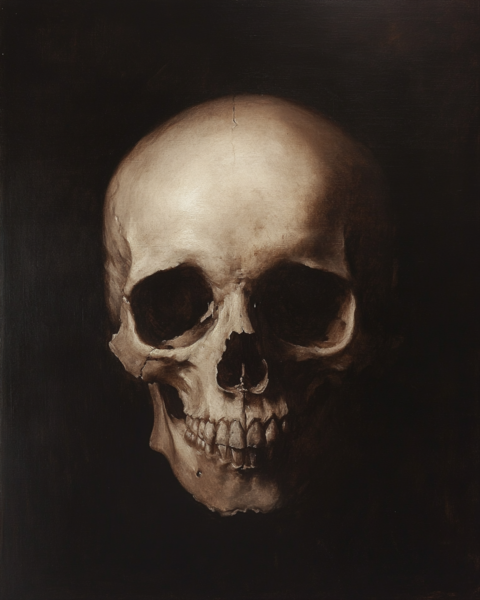 Rembrandt painting: skull portrait, dramatic lighting, serious expression