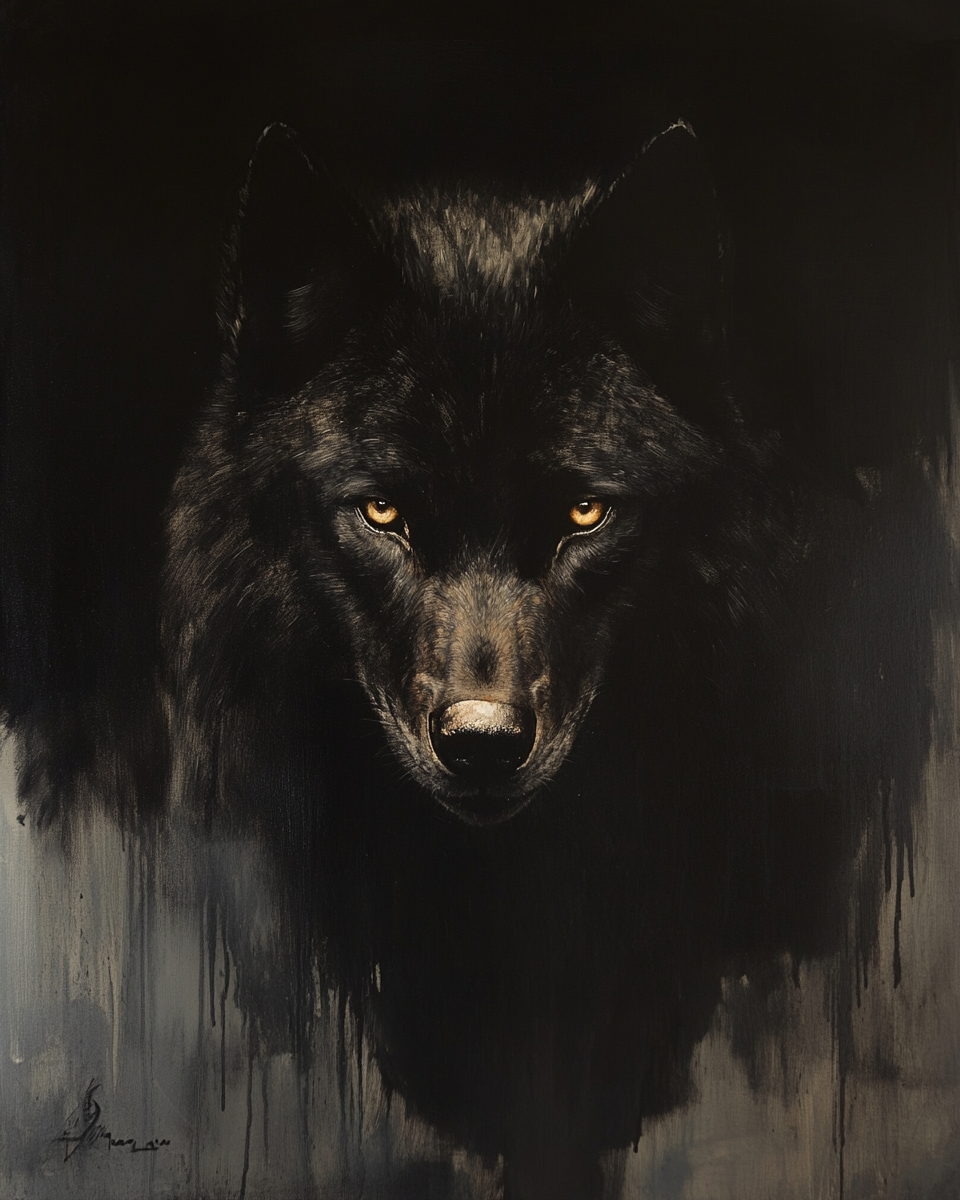 Rembrandt-style portrait of serious black wolf, dramatic lighting