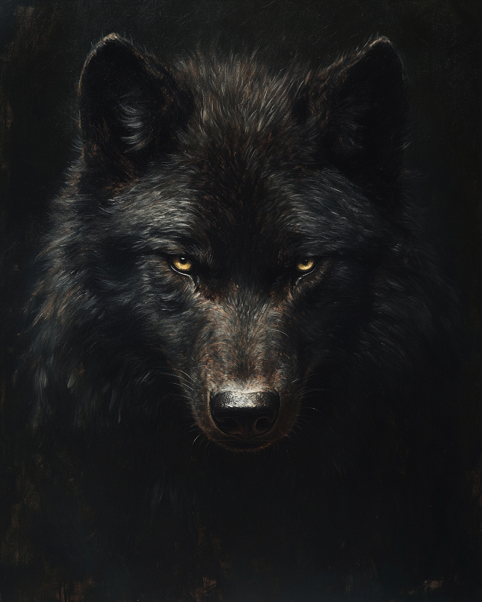 Rembrandt-style portrait of serious black wolf