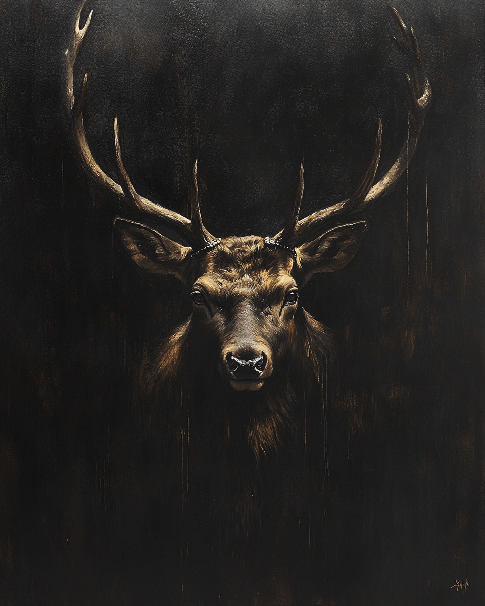 Rembrandt-style portrait of serious elk under dramatic lighting