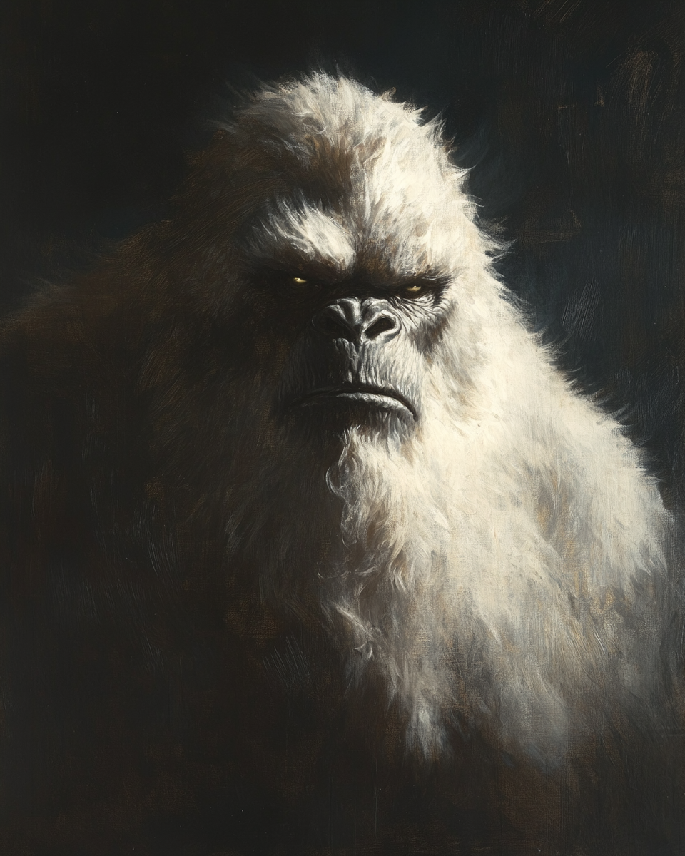 Rembrandt-style portrait of towering yeti with dramatic lighting