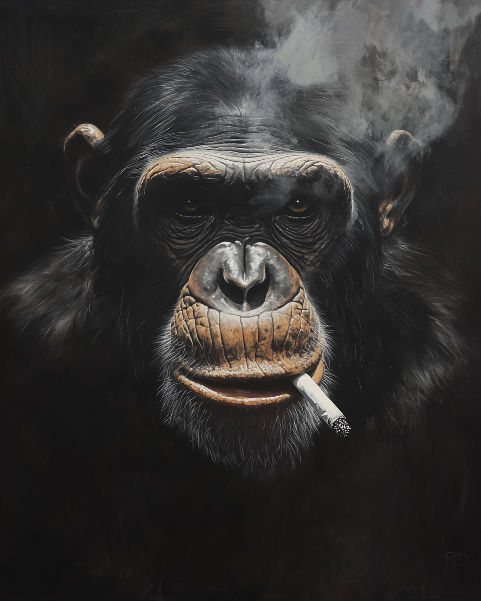 Rembrandt-style portrait: Serious chimp smoking cigarette, dramatic lighting 