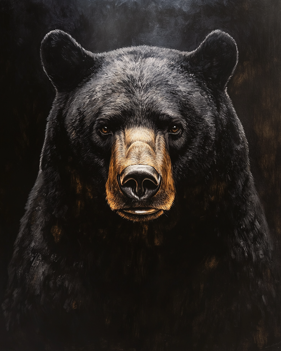 Rembrandt-style realistic black bear portrait under dramatic lighting