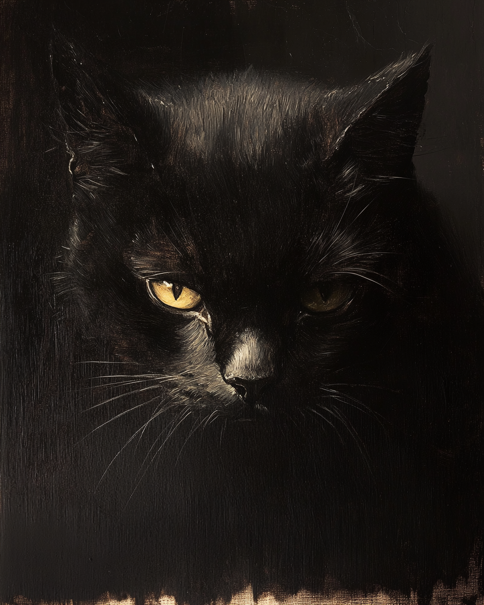 Rembrandt-style realistic portrait of serious black cat