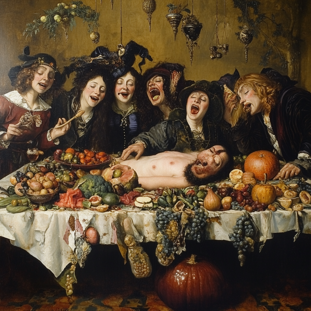 Renaissance Style Feast With 7 Witches and Man 