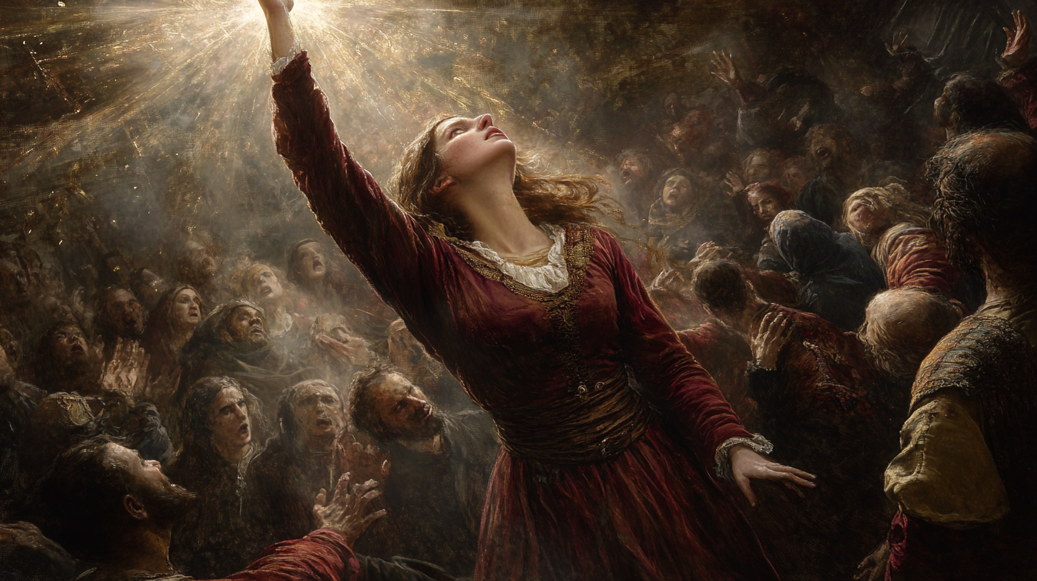 Renaissance Woman Ascending in Crowd, Dramatic Lighting, 16:9 