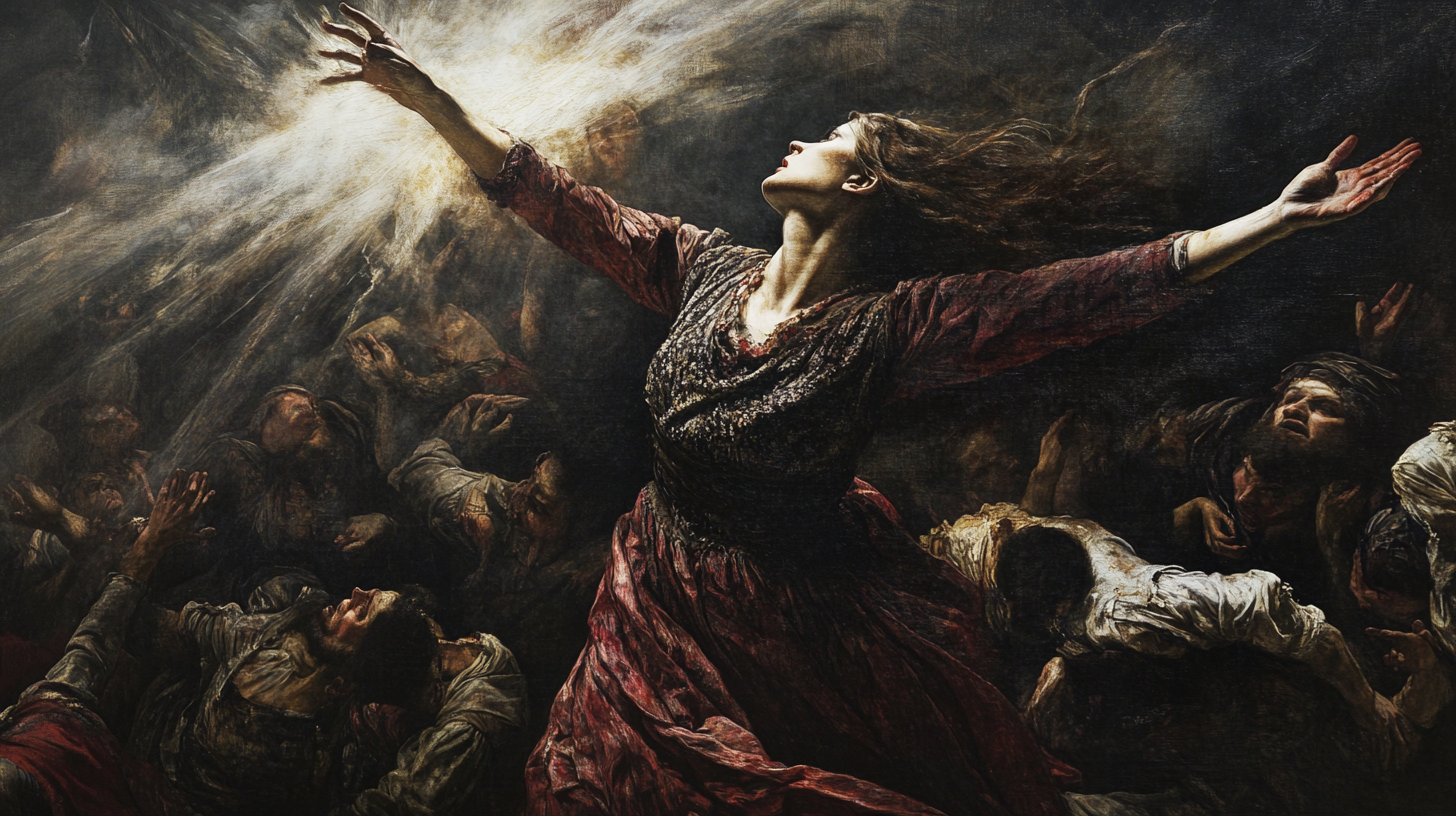 Renaissance painting woman reaches sky in dying crowd