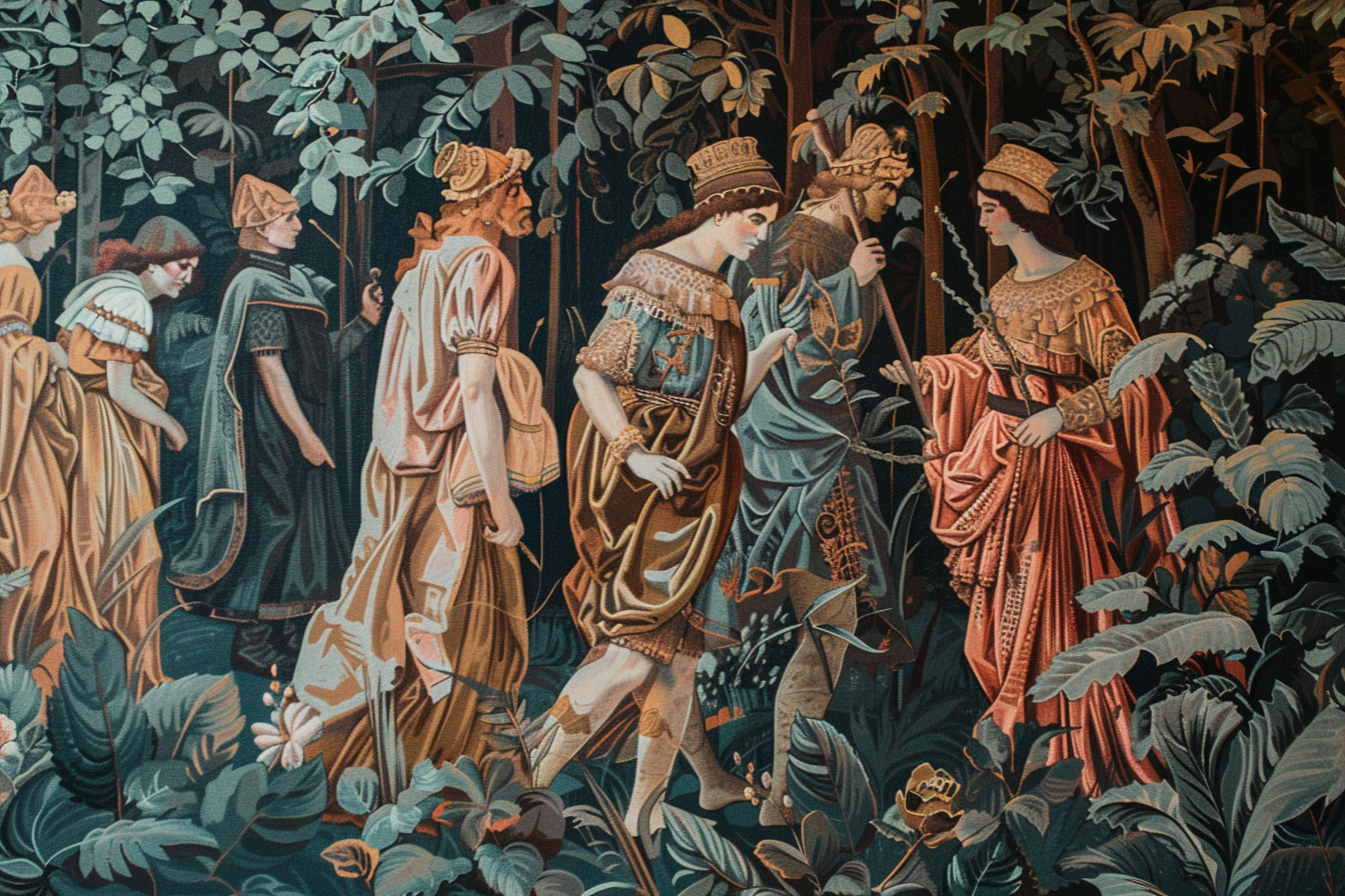 Renaissance-style mythological figures in lush forest painting