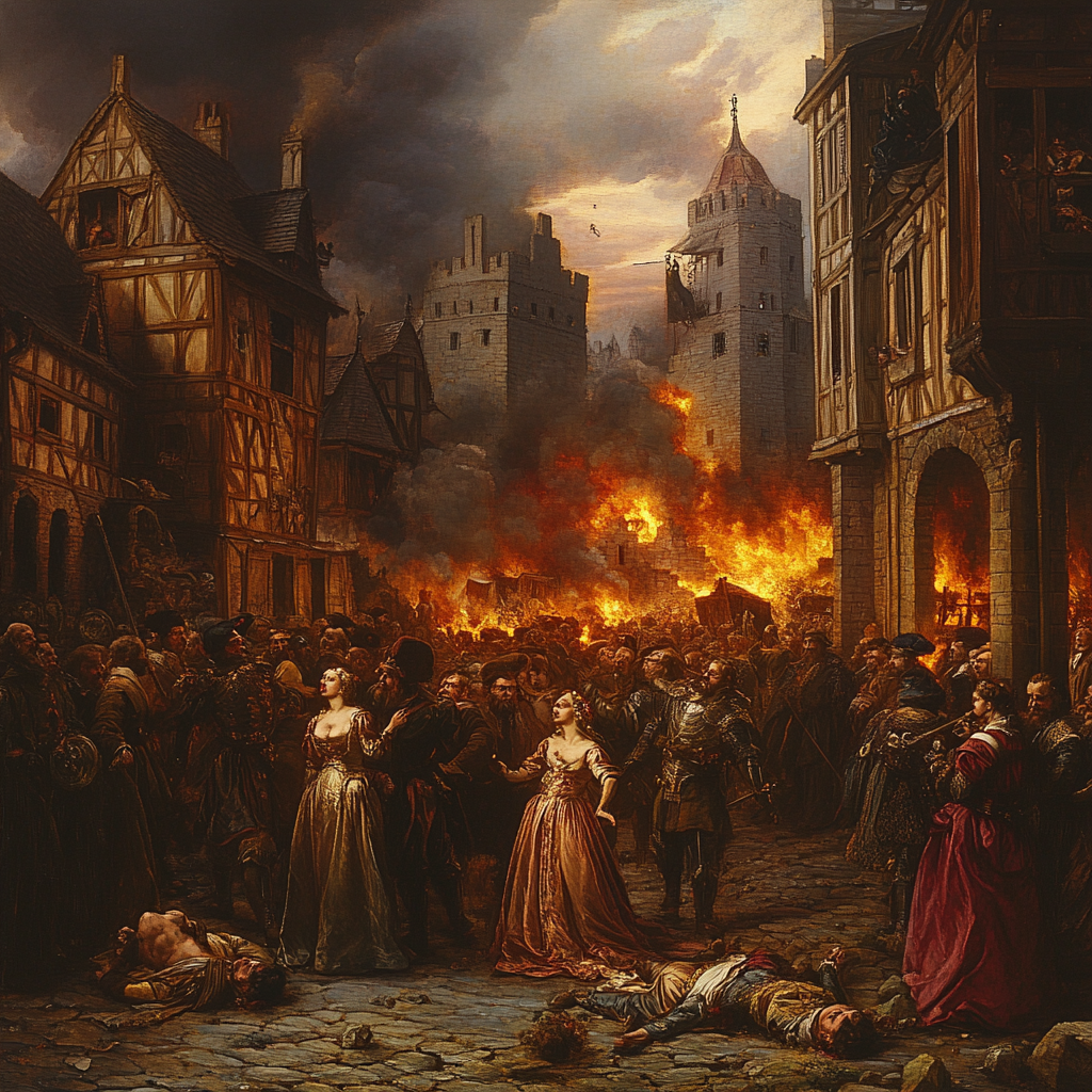 Renaissance-style riot with kings, queens, and burning buildings