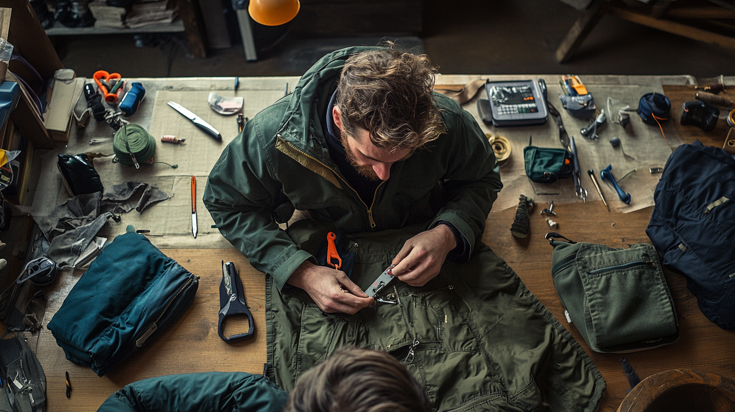 Repairing torn jacket in eco workshop with sewing tools.