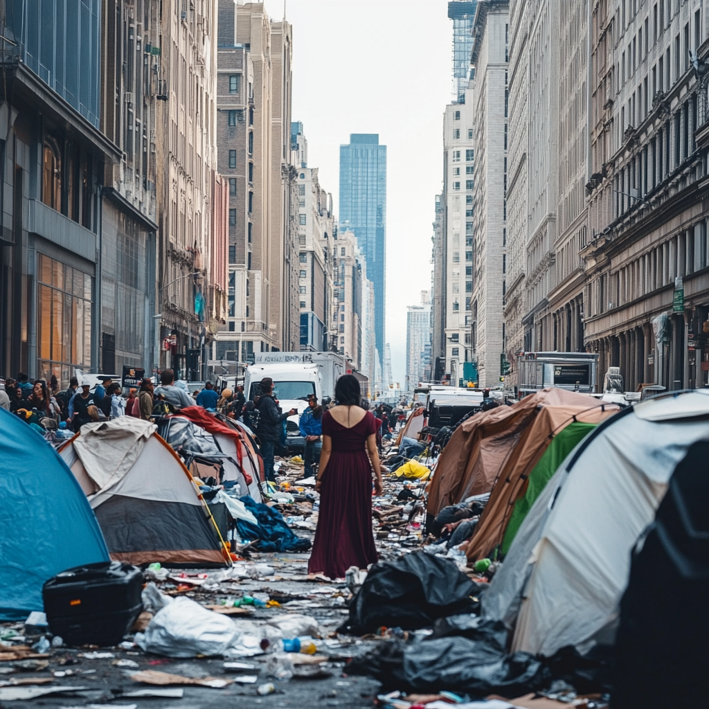 Reporter navigating through NYC homeless tent community for story.