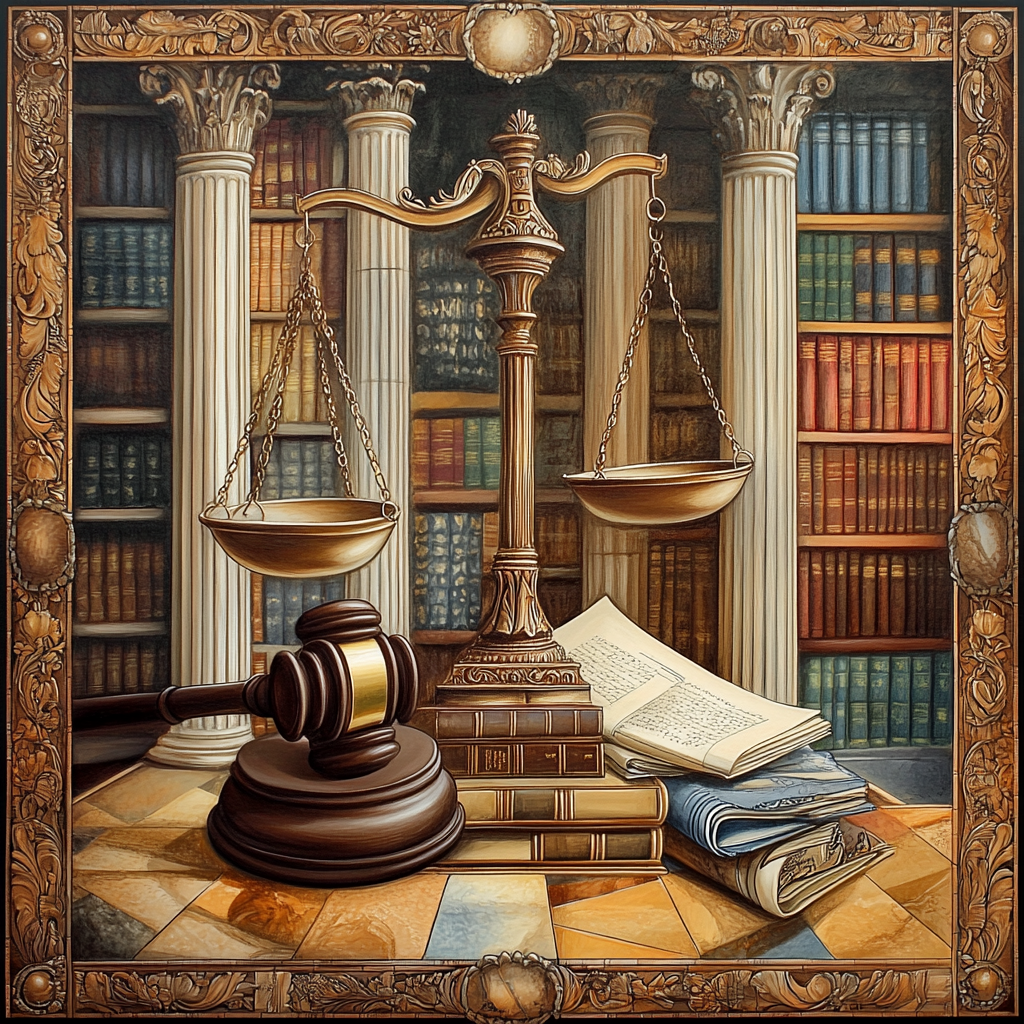 Represent legal field with gavel, scales, documents, law books.