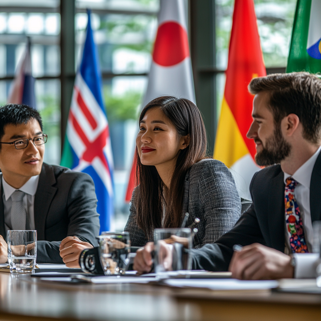 Researchers from different countries working together in conference room.