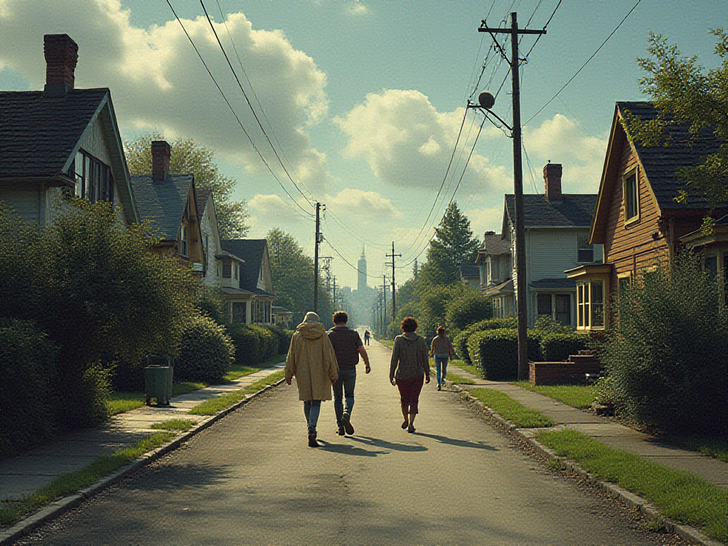 Residents gathering in street amid strange alien landscape confusion.