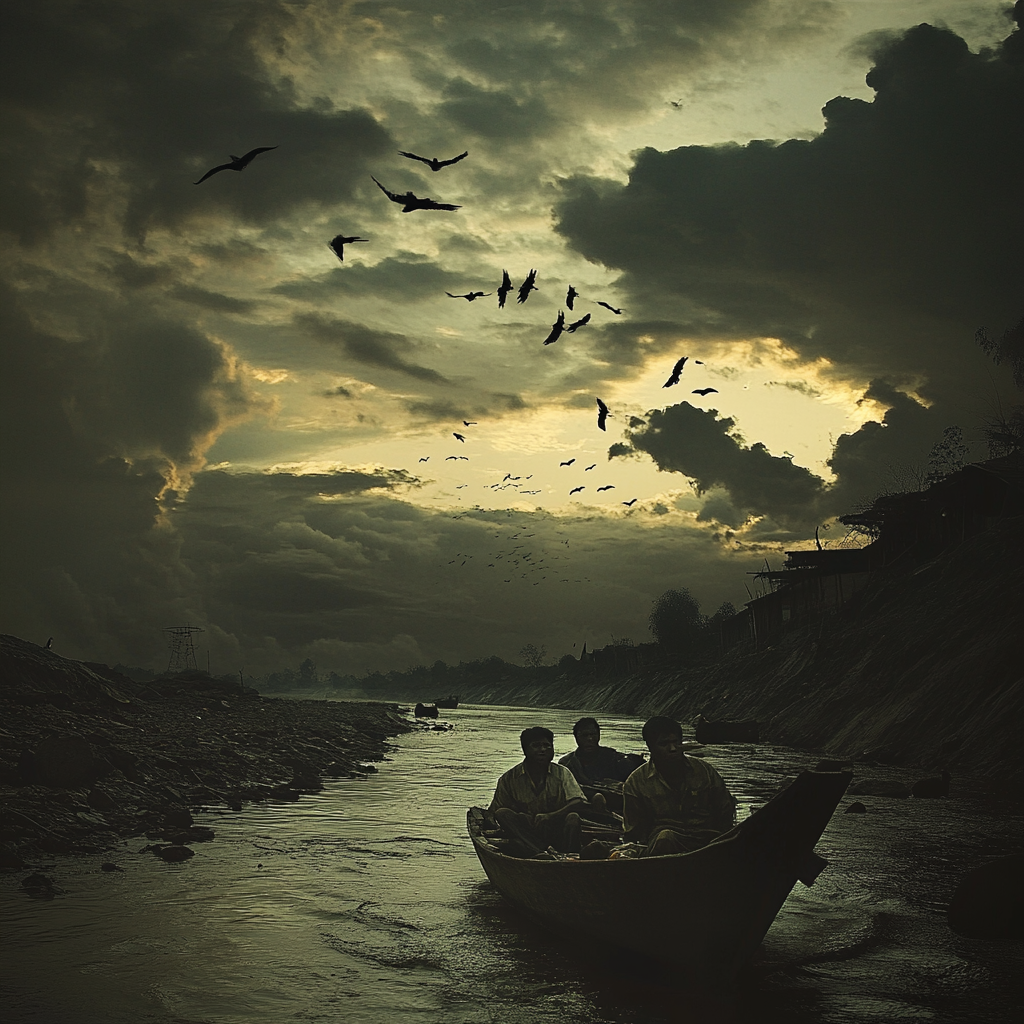 Residents in boat in dark Mekong River scene.