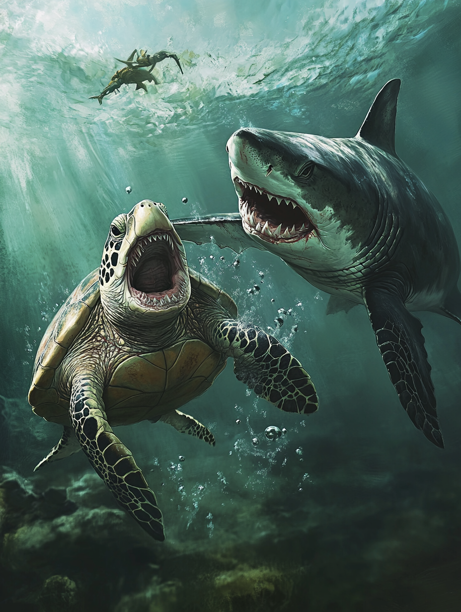 Resilient turtle bitten by shark underwater scene.