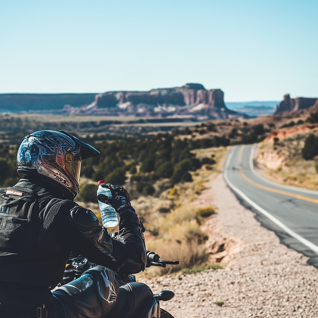 Resting biker on scenic highway, hydrating and stretching.