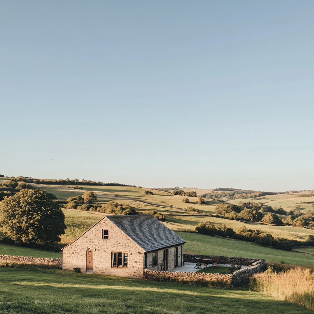 Restored luxury barn in Derbyshire countryside on sunny day.