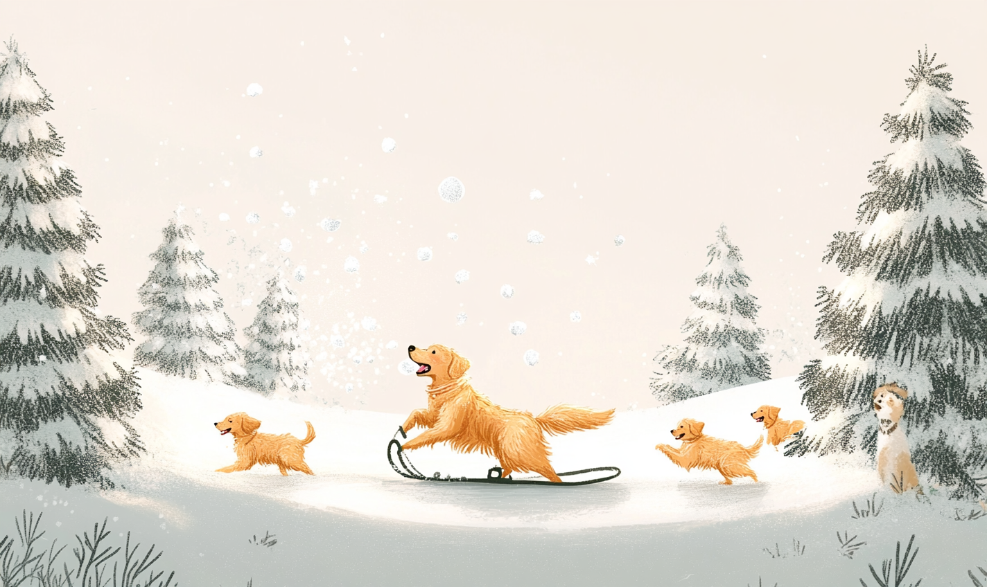 Retriever dogs play snowball near Christmas trees, snow flying.