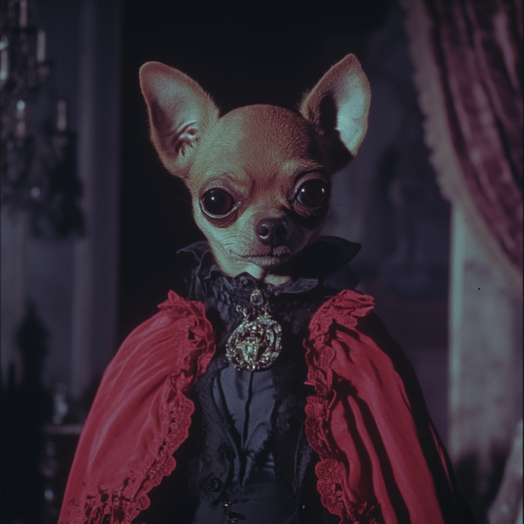 Retro Duke Chihuahua in Dark Fantasy Movie Scene