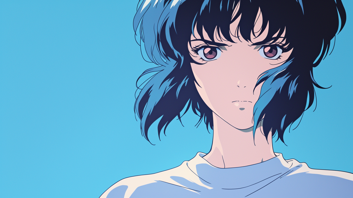 Retro Japanese anime still with muted blue pastel color.