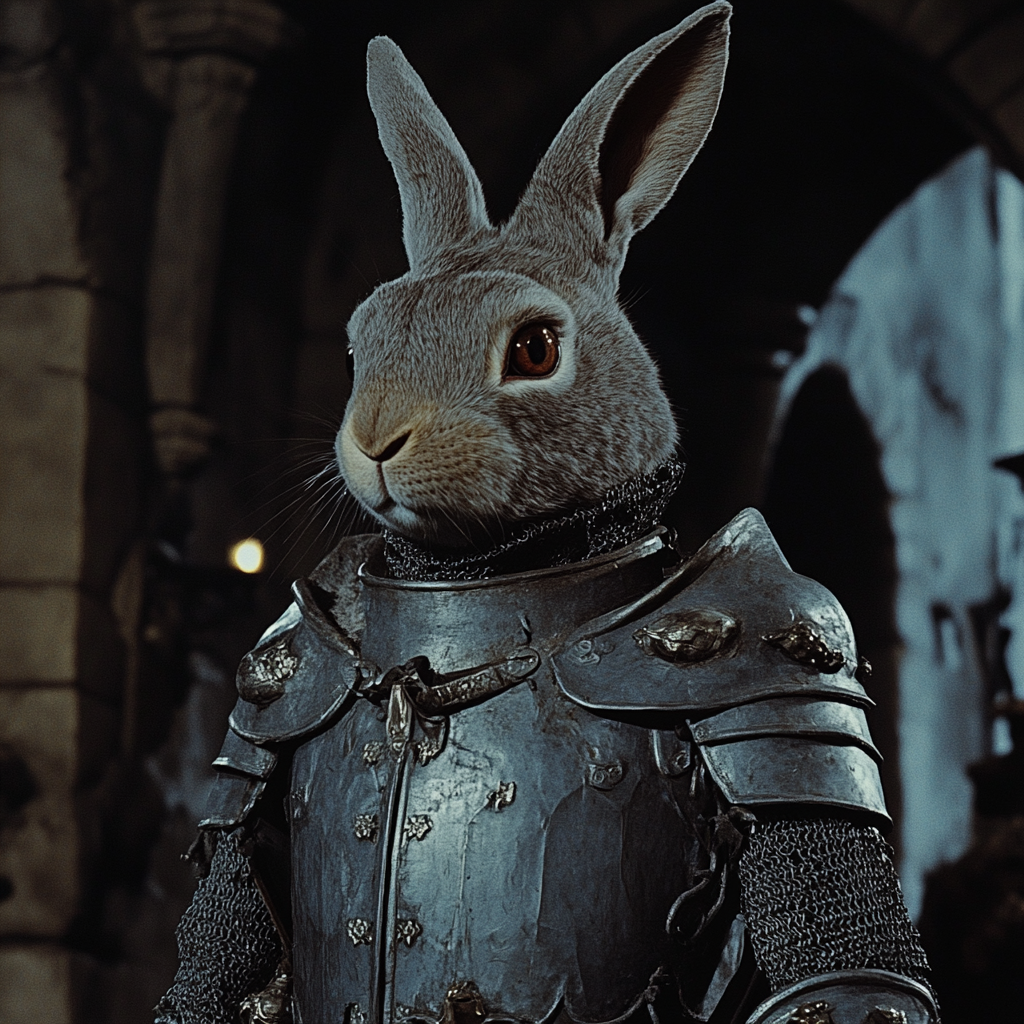 Retro Rabbit Knight in a Dark Fantasy Movie