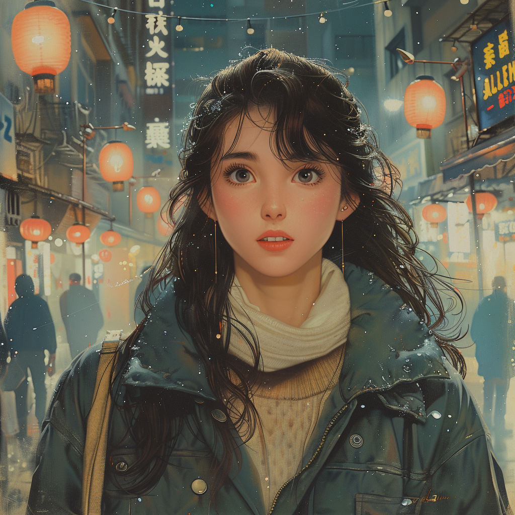 Retro anime girl in busy Japanese city