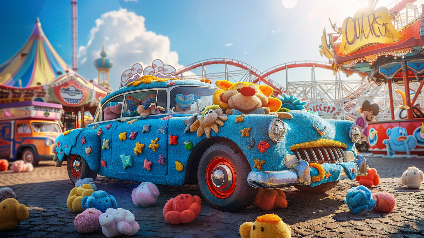 Retro car made of Disney plush toys, colorful setting.