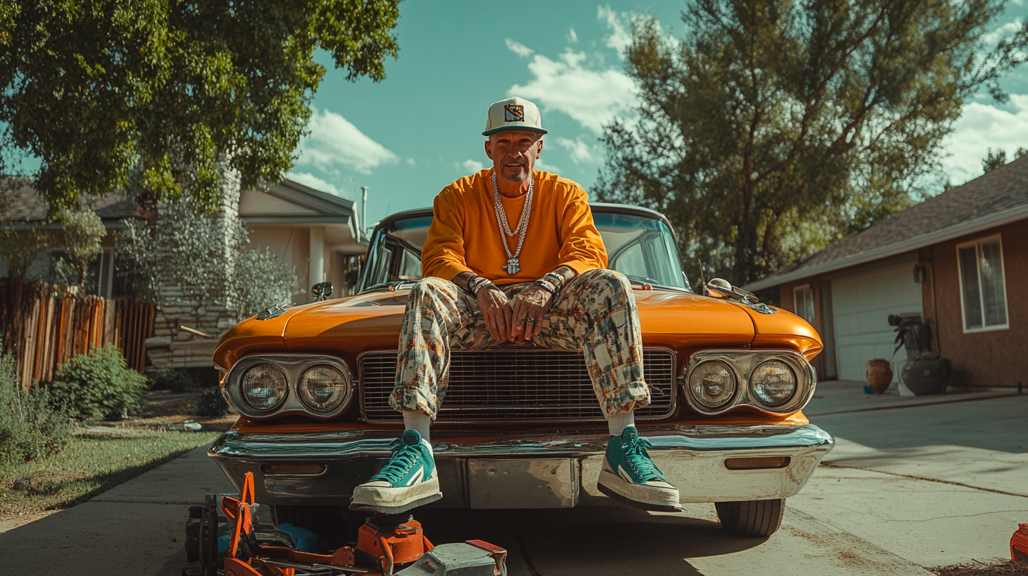 Retro dad in hip-hop outfit poses on car hood.