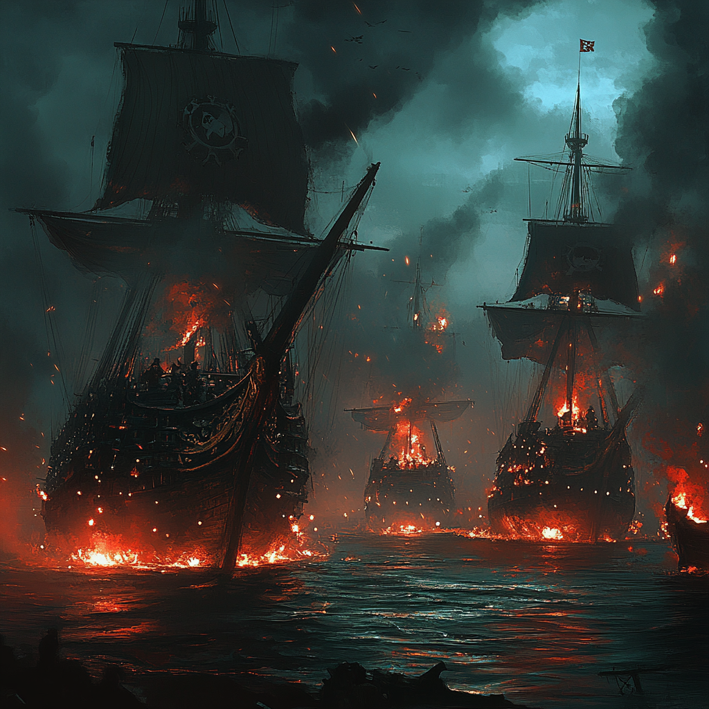 Retro design showing two pirate ships in battle.