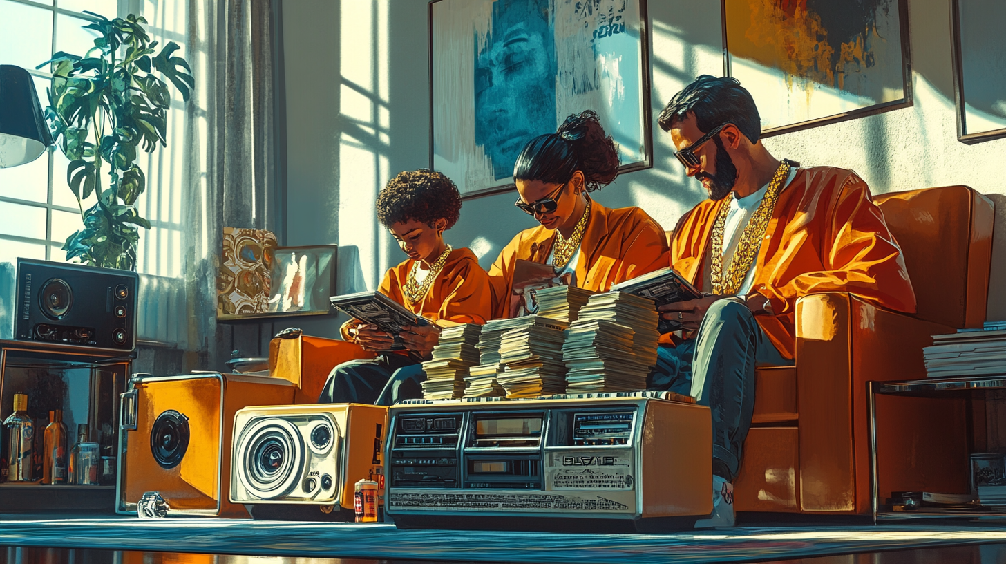 Retro family counting money, kids with boombox, hip-hop decor