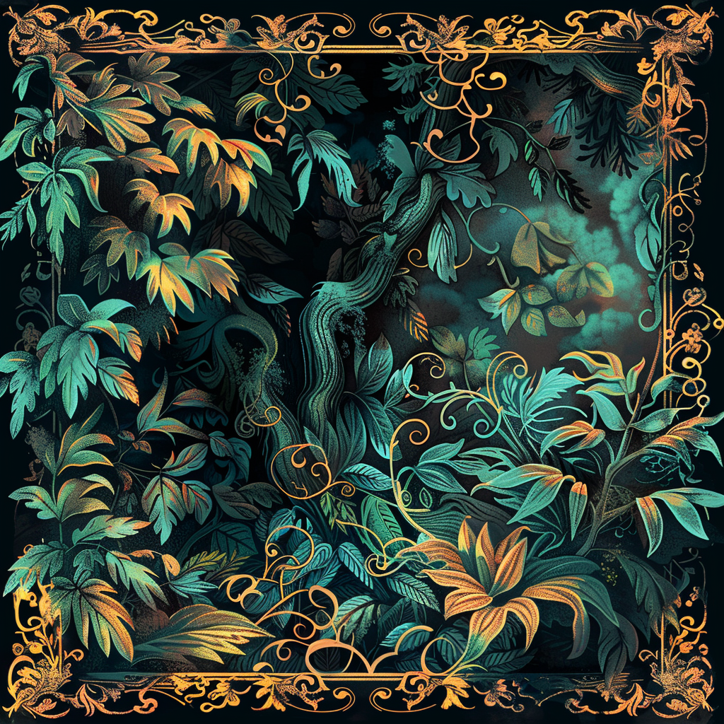 Retro psychedelic foliage illustration with ornate frame