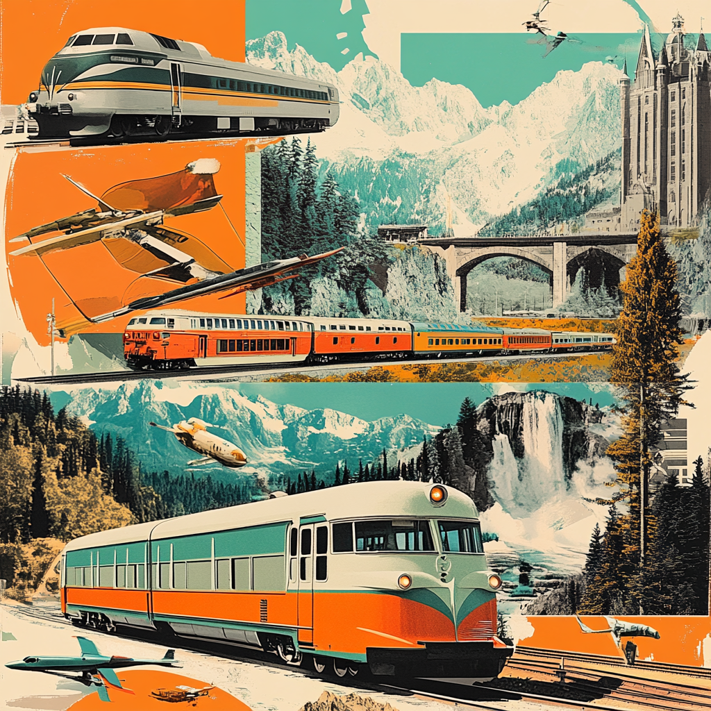 Retro travel collage with vintage trains and buses.