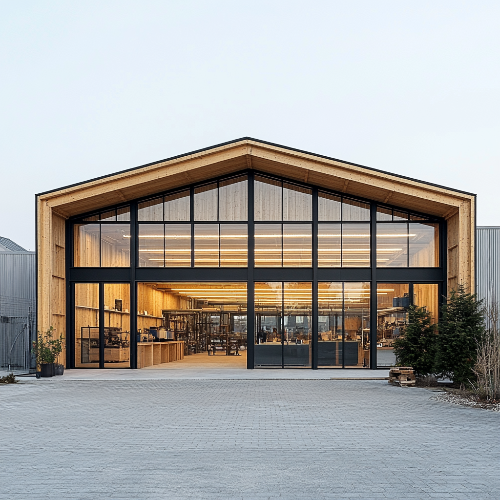 Reused Industrial Machine Company Office with Wood and Glass Facade