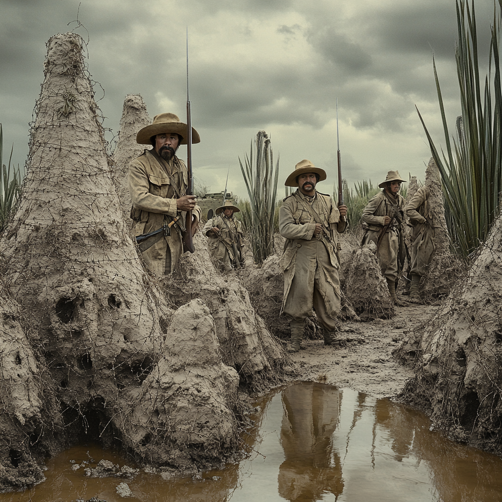 Revolutionary Mexican desert scene with war remnants.