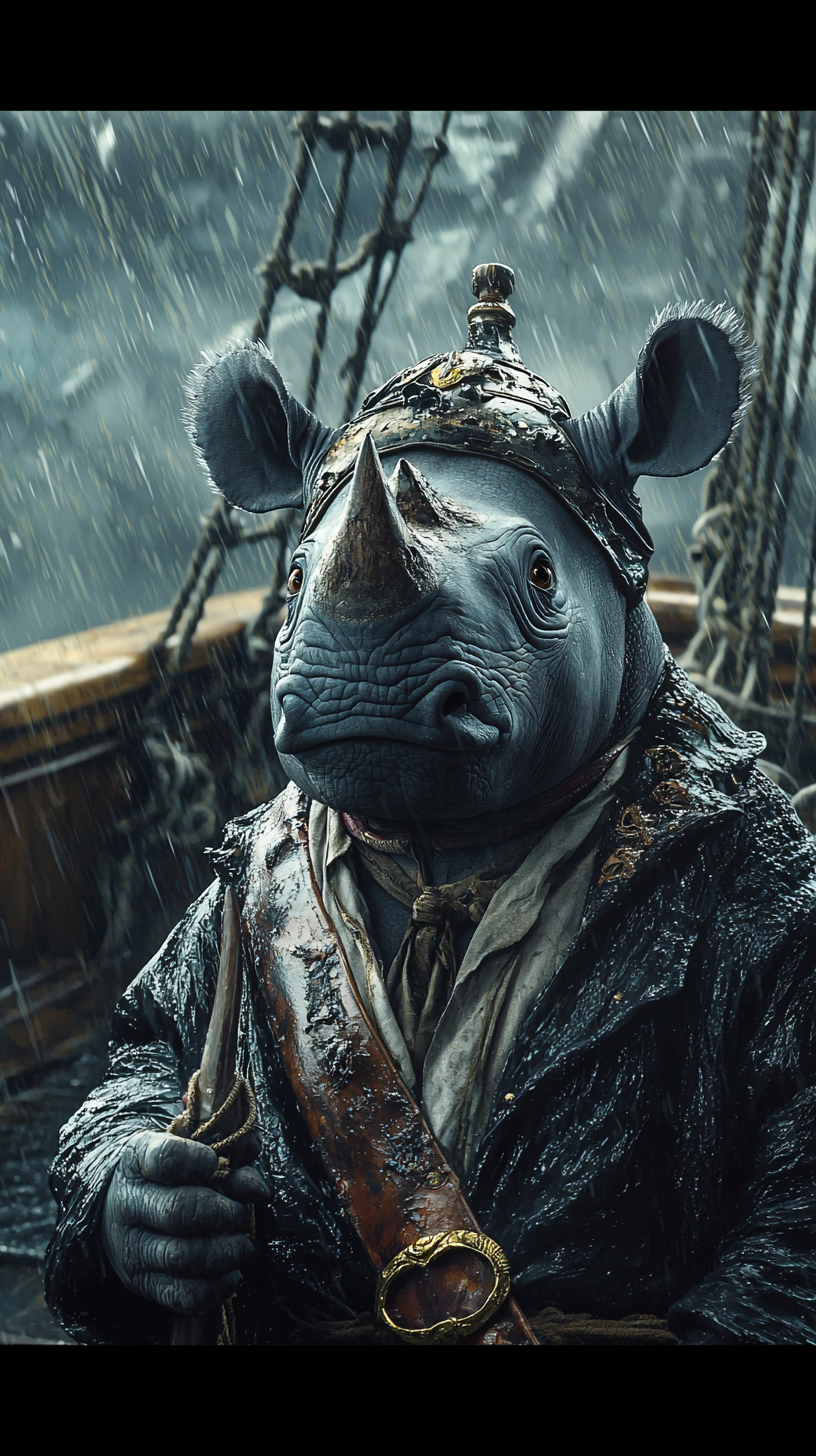 Rhinoceros dressed as sealion on stormy pirate ship.