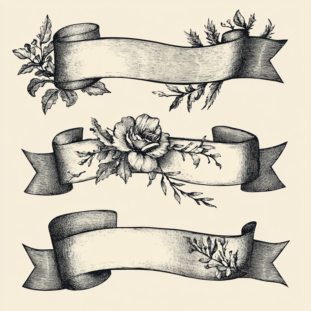 Ribbon banner set with vintage style illustration.