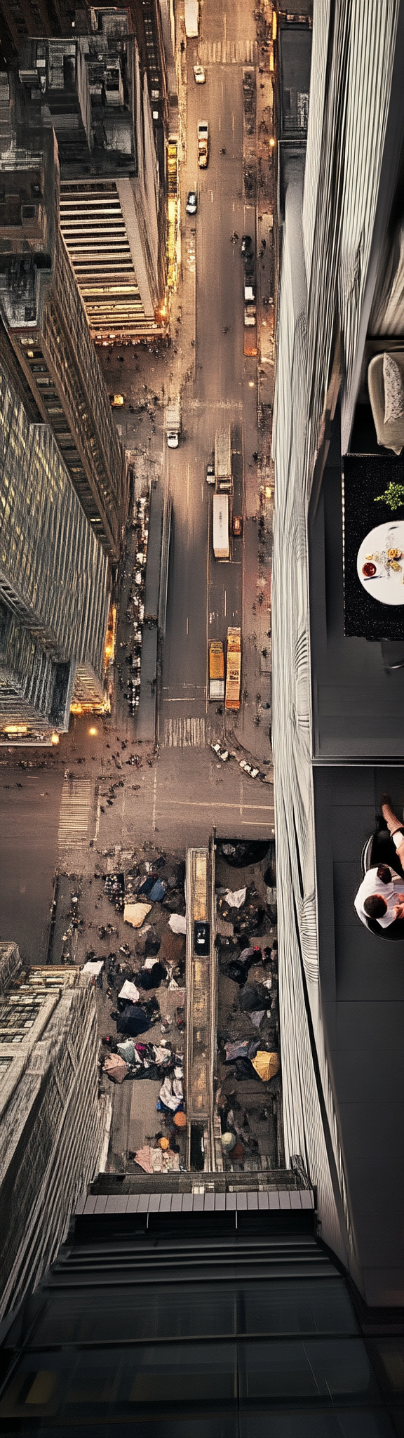 Rich couple dining on skyscraper terrace, surrounded by poverty.