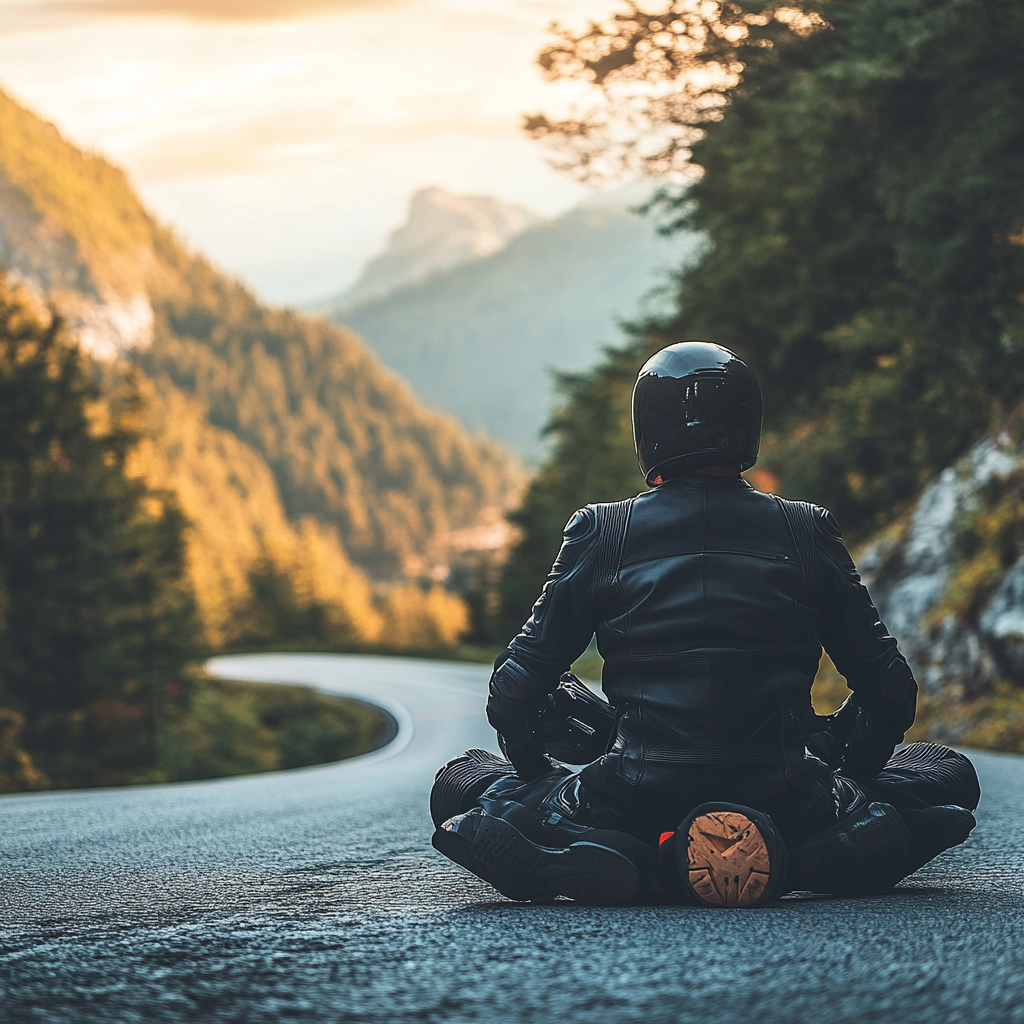 Rider focuses on deep breathing amid peaceful scenery.